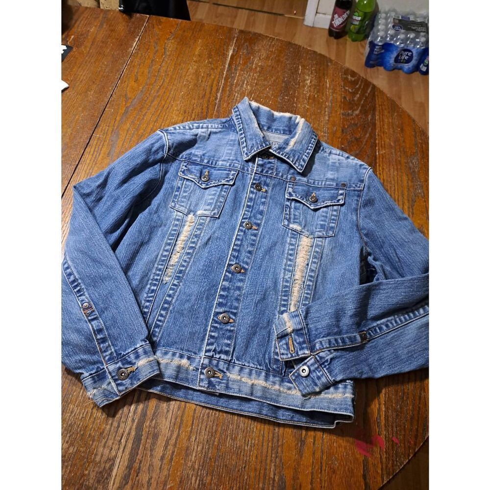 Medium Vintage Carbon Distressed Long Sleeve Button Front Denim Blue Jean Jacket